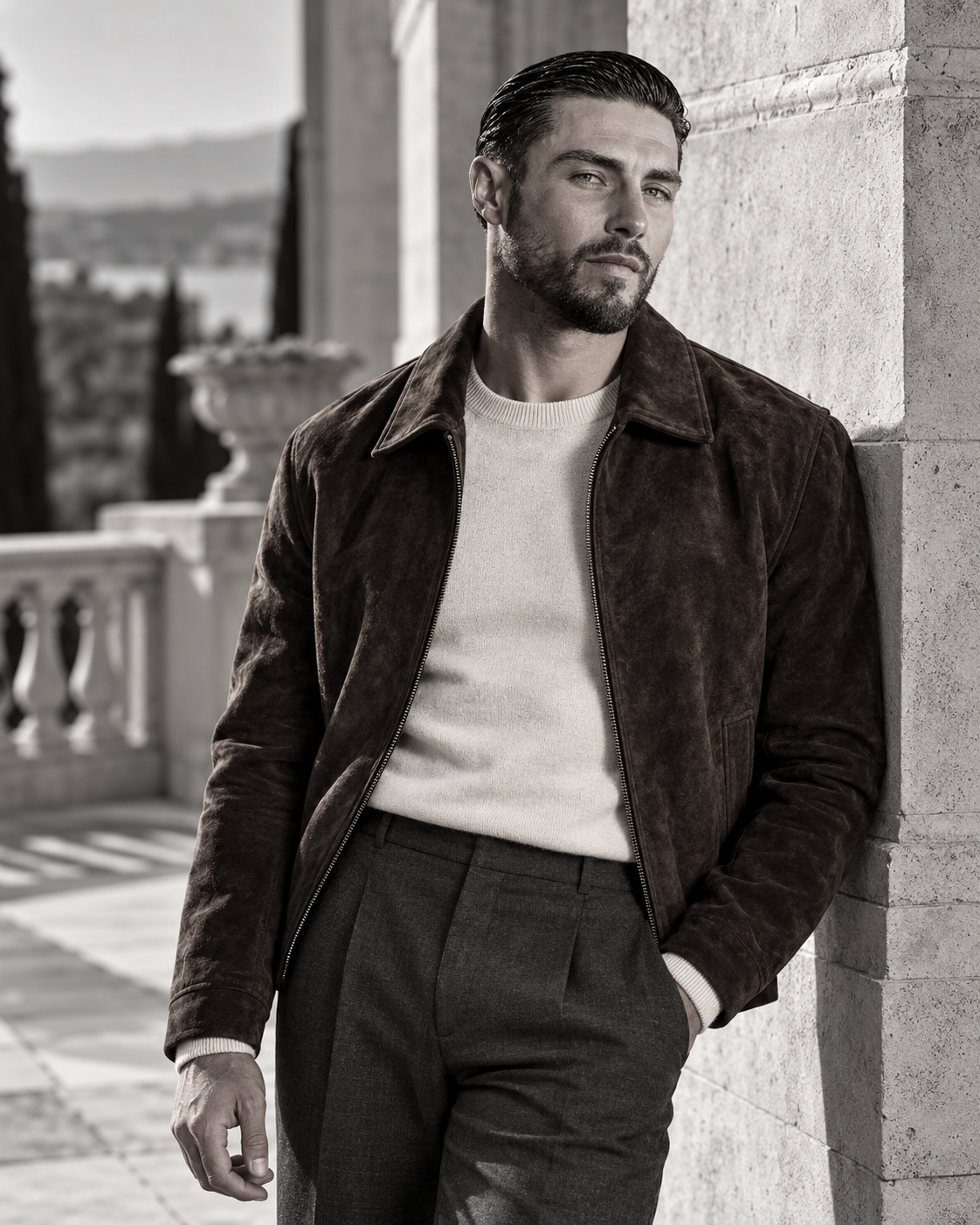 Josh Kelly in a dark suede zip-front jacket over a cream crewneck knit and pleated charcoal trousers, leaning against a stone balustrade on a villa terrace with cypress trees and water beyond