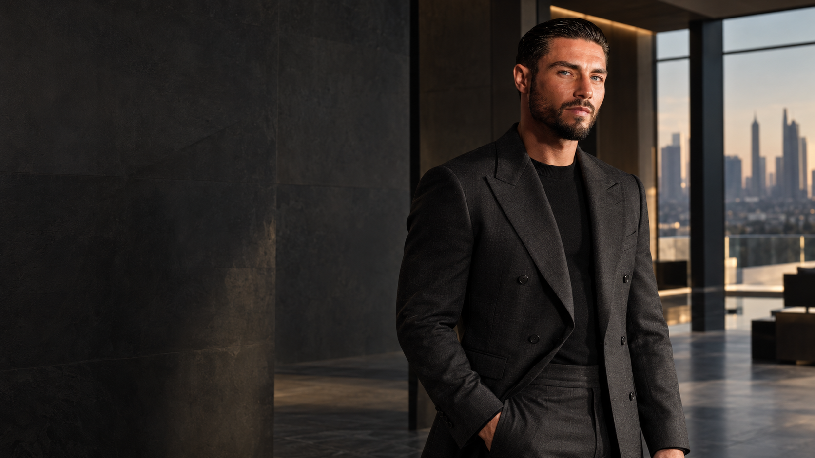 Josh Kelly in a charcoal suit in a luxury interior with a city skyline
