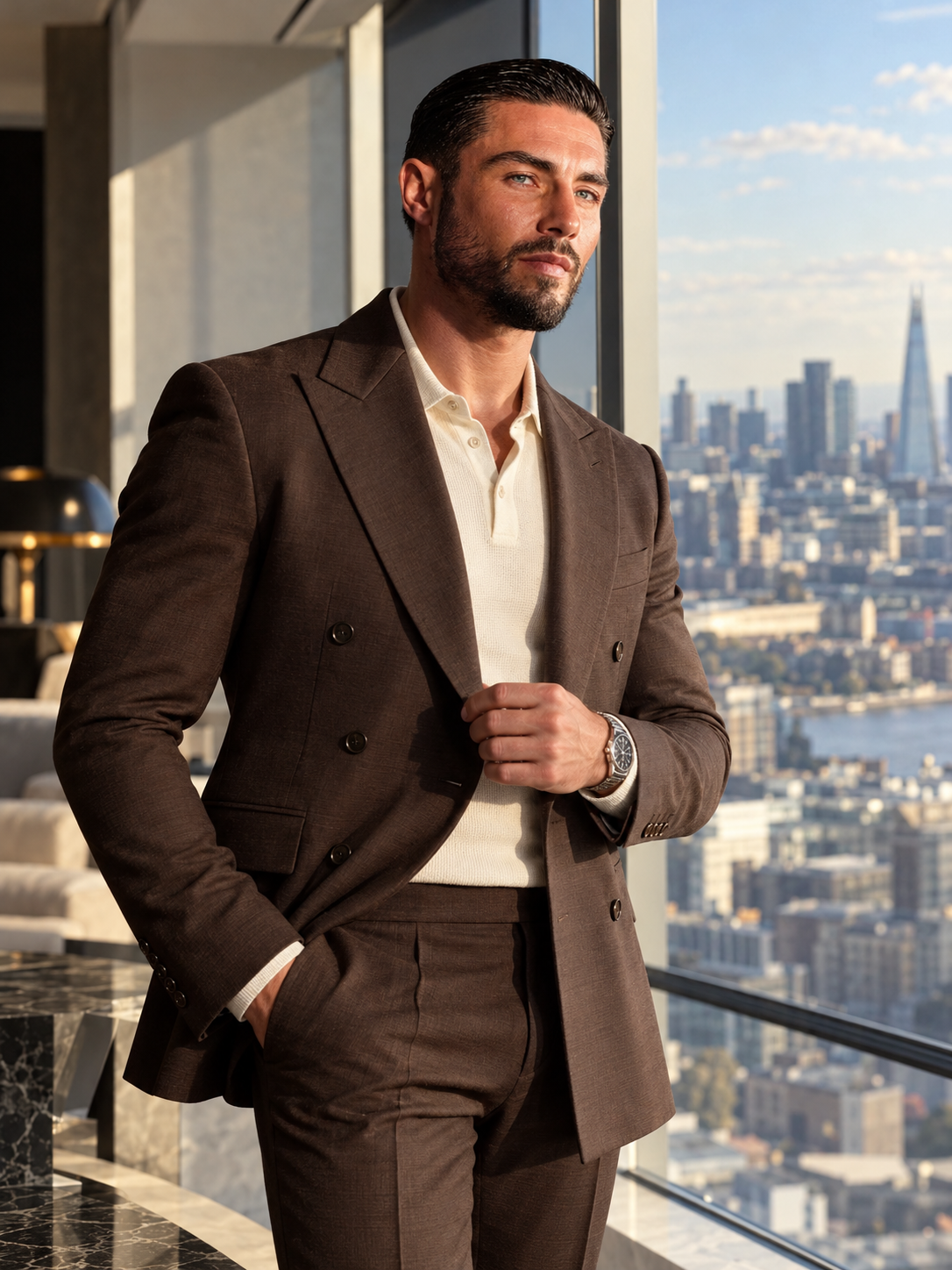 Josh Kelly in a brown double-breasted suit and cream knit polo, standing in a high-rise penthouse with the London skyline and The Shard visible through the window